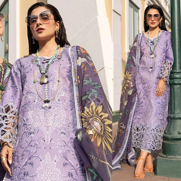 KN132-3 Piece Unstitched Heavy Embroidered Lawn Suit With Digital Printed Silk Dupatta