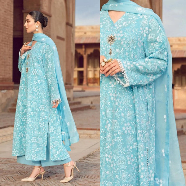 KN209-Bareeze -Embroidered 3pc lawn dress with embroidered chiffon dupatta